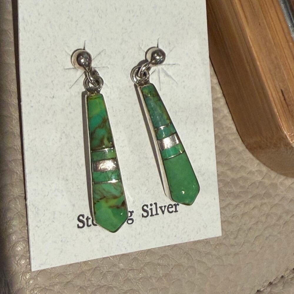 Sterling Silver Green Turquoise Inlay Dangle Earrings Southwestern New